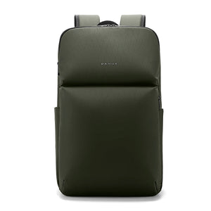 Olive green water-resistant travel backpack with textured fabric front panel