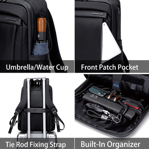 Black travel backpack interior organizer with umbrella/water cup pocket and front patch pocket