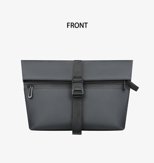 Black front view messenger bag with flap, center strap buckle, and zipper pocket