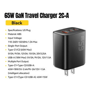 ESSAGER 65W GaN USB-C Charger with Quick Charge 4.0 and Power Delivery - Black