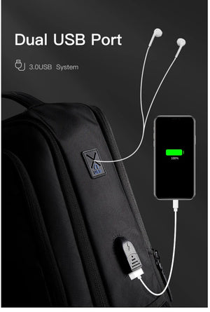 Black backpack front panel with built-in USB port and charging cable
