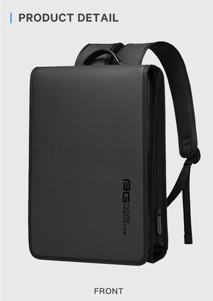 Front view of black compact waterproof laptop backpack with logo