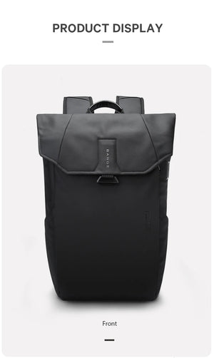 Grey roll-top waterproof travel backpack with front flap and top handle