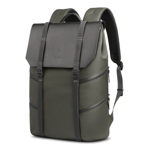 Green vintage-style waterproof travel backpack with dual front straps and zip pockets