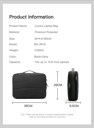 Black laptop sleeve product info diagram with front and side views, BG-8018 model.