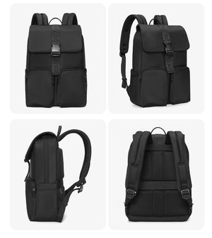 Black compact commuter backpack, front and back views with padded straps and top flap