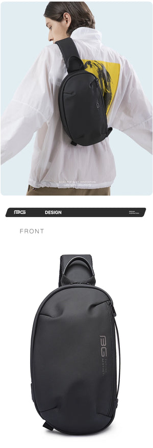 Black front crossbody sling bag on model, worn across the chest with adjustable strap.