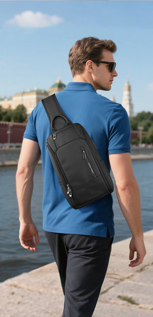 Black crossbody chest bag worn on the back with side zip pocket detail