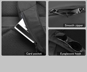 Black waterproof backpack interior: card pocket and eyeglasses hook detail