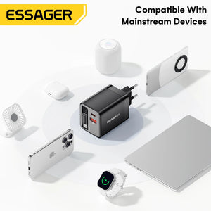 ESSAGER 65W GaN USB Charger with Retractable Cable and Power Delivery - Black