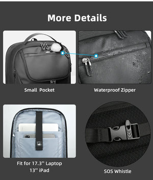 Black travel backpack with small front pocket, waterproof zipper, and SOS whistle tab