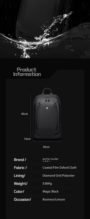 Black waterproof backpack with water-splash detail and arched front pocket