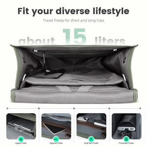 Green commuter backpack open interior with laptop and pocket compartments