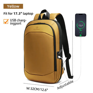 Yellow backpack with front panel, padded shoulder straps, and side USB charging port