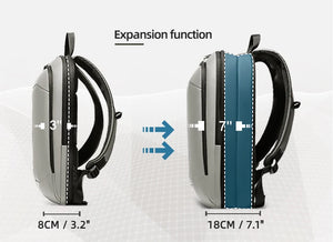 Expandable waterproof travel backpack, grey/white with blue front panel, side view with straps