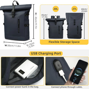 Dark roll-top waterproof backpack shown with front buckle and top roll closure