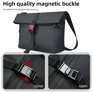 Black waterproof messenger bag flap with magnetic buckle closure detail