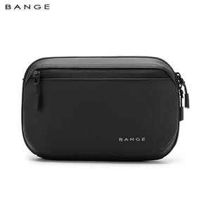 Black waterproof tech storage bag side view with zipper and hanging strap loop