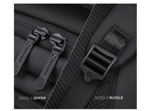 Black backpack close-up showing zipper track and buckle clip hardware