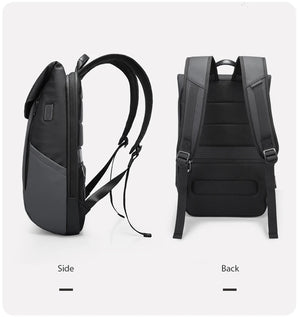 Black waterproof roll-top travel backpack shown from side and back with adjustable straps