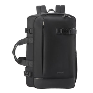 Black backpack with multiple straps on a light gray background, featuring the Tigernu brand.