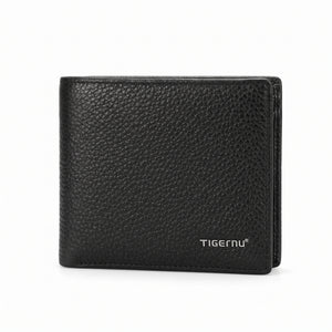 Black genuine leather compact card holder wallet with Tigernu logo