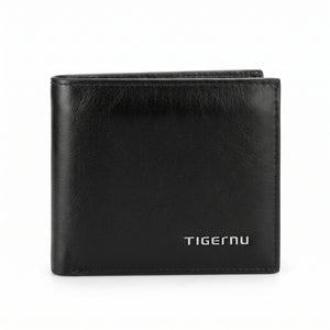 Black slim PU leather card wallet with Tigernu logo, front view