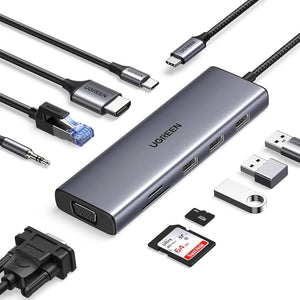 Ugreen USB hub with various cables and connectors on a white background