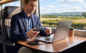 A man in a navy blazer sits on a train window seat, working on a laptop and holding a USB Charger, with a coffee cup on the table beside him. A scenic landscape is visible outside the window.