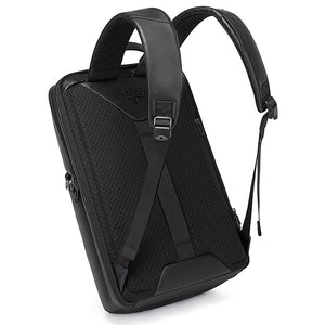 Black waterproof laptop backpack with top handle and front strap buckle
